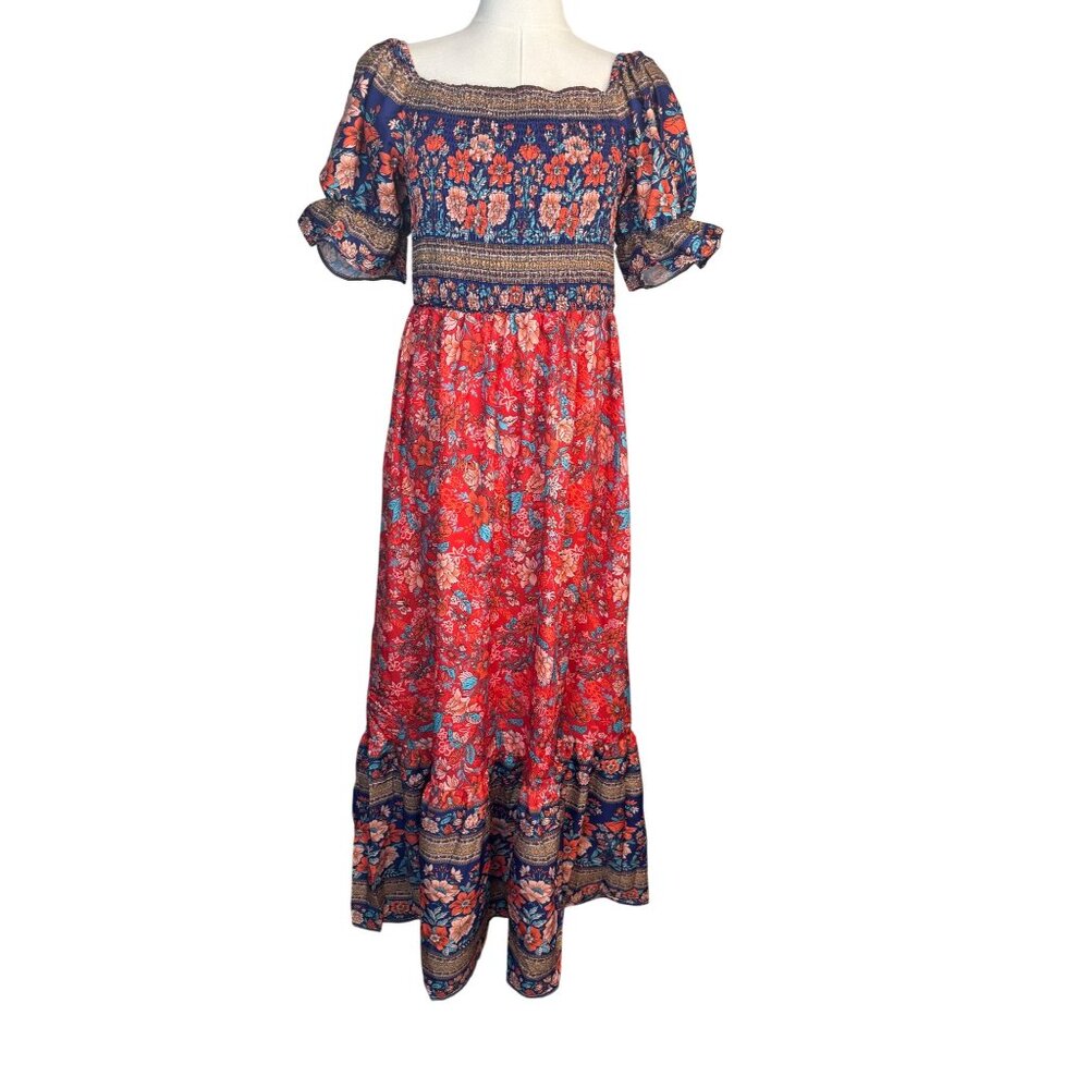 NEW Bohemian Large Floral Boho Maxi Dress Smocked Bodice & Puff Sleeves